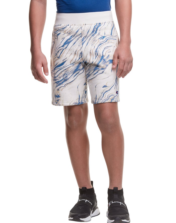 Champion Korte Broek Jongens - Wit/Blauw - Reverse Weave Fleece Marble Dye Print ( 075169-XVL )